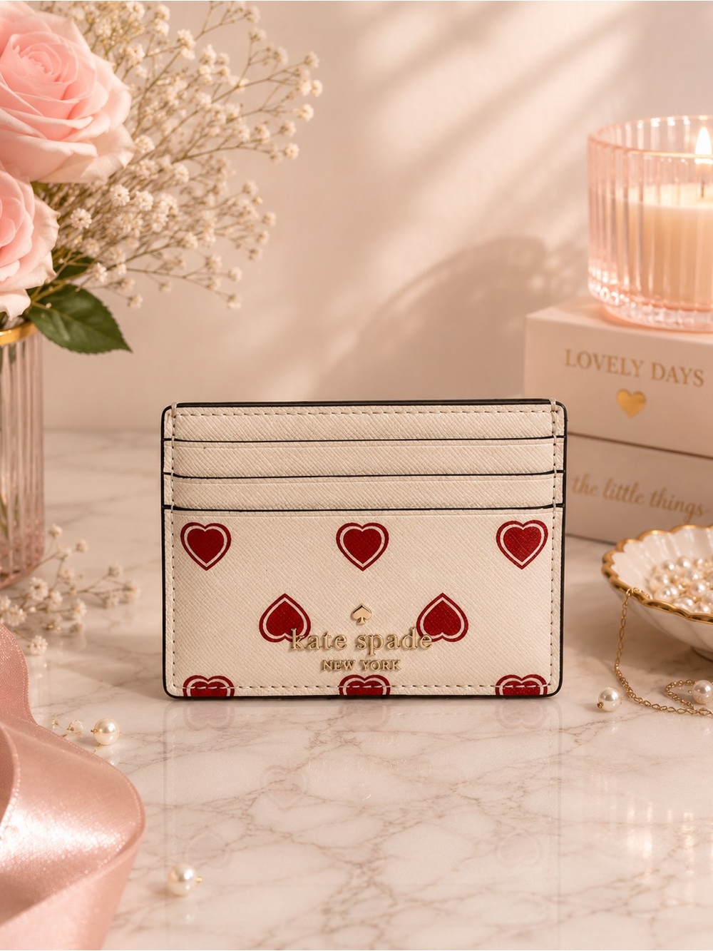 Kate Spade New York Leather Card Holder Hearts Valentines Day White Red EUC